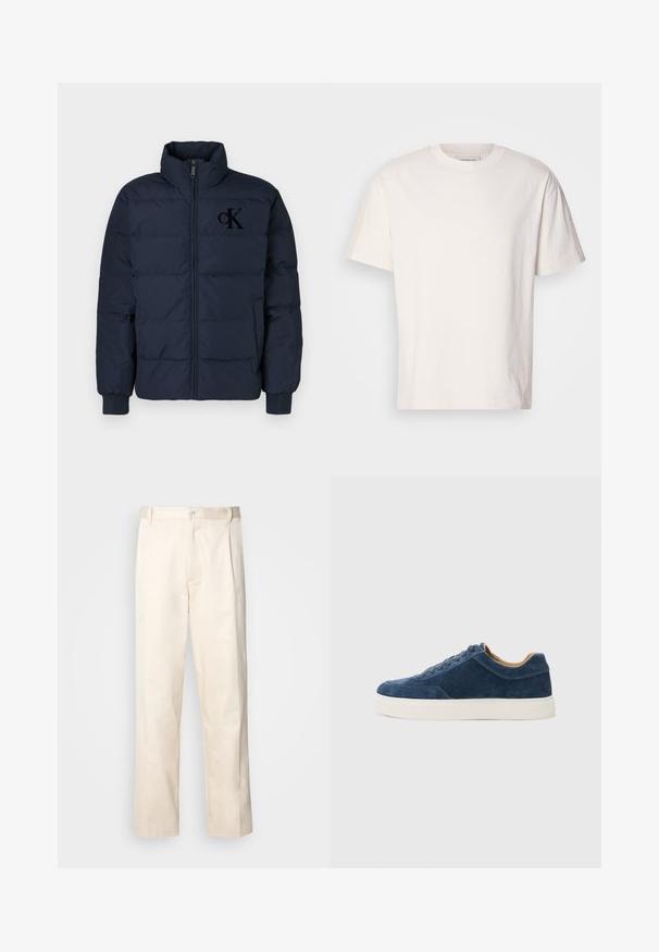 Tmavomodrá prešívaná bunda s vysokým golierom, predným zipsom a elastickými manžetami; obsahuje jemné vyšívané logo CK na hrudi.; Krémové bavlnené tričko s okrúhlym výstrihom. Krátke rukávy a voľný strih. Na výstrihu sa nachádza malé logo. Hladká textúra.; Béžové bavlnené nohavice so strihom rovného nohu, s gombíkovým zapínaním a záhybmi vpredu pre pridanie detailu.; Modré semišové tenisky s bielou gumovou podrážkou, šnurovací dizajn, okrúhla špička a kontrastný hnedý interiér. Jemné detaily prešívania.