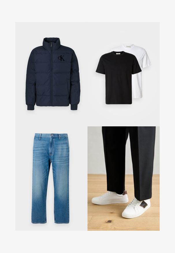 Tumši zila pūku jaka ar augstu apkakli, priekšējo rāvējslēdzēju un elastīgām aprocēm; krūtīs izšūta smalka CK logotipa apdruka.; Divas vienkāršas kokvilnas T-kreklus, viens melns novietots priekšā baltam, abiem īsām piedurknēm un apaļām izgriezēm.; Gai zila denim bikses ar taisnu piegriezumu, piecu kabatu dizainu, pogu aizdari un vieglu izbalējumu priekšpusē. Nav redzamu rakstu.; Baltā pārsoļa apavi ar gludu tekstūru, papildināti ar brūniem ādas akcentiem un melniem elementiem, savienoti ar melnām pielāgotām biksēm. Koka grīdas fons.