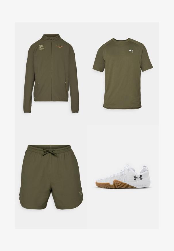 Oliivinvihreä urheilu takki, jossa on korkea kaulus, täysipituinen vetoketju, sivutaskut ja painetut logot valkoisena ja oranssina. Valmistettu kevyestä materiaalista.; Oliivinvihreä lyhythihainen t-paita, valmistettu sileästä kankaasta, jossa on pyöreä pääntie ja valkoinen logo vasemmalla rintapuolella.; Olivi vihreät urheilushortsit, jotka on valmistettu kevyestä kankaasta. Shortsissa on joustava vyötärö, jossa on naru, ja pieni logo yksityiskohtana sivussa.; Valkoiset urheilukengät, joissa on verkkopinta, kumipohja gumminvärisenä, tekstiiliset yksityiskohdat ja musta logo sivussa.