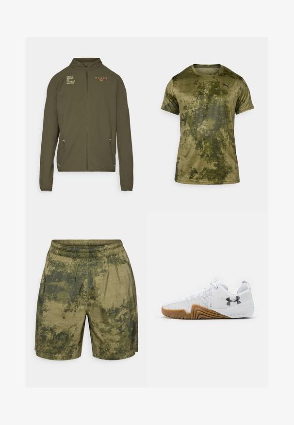 Chaqueta deportiva de color verde oliva con alto cuello, cremallera frontal completa, bolsillos laterales y logotipos impresos en blanco y naranja. Fabricada en material ligero.; Camiseta deportiva de manga corta en verde olivo con un acabado texturizado y con patrón. Presenta un pequeño logotipo negro en la parte superior izquierda del pecho.; Pantalones cortos con estampado de camuflaje en tonos verdes, fabricados en tejido ligero con cintura elástica y un corte relajado.; Zapatillas deportivas blancas con parte superior de malla, suela de goma de color goma, acentos texturizados y un logo negro en el costado.