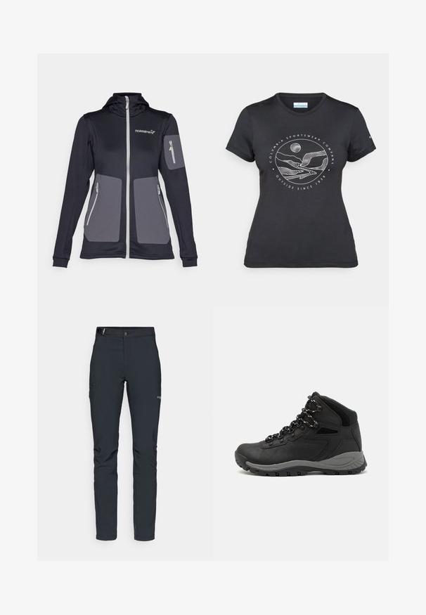 Sort zip-up jakke med hætte, grå paneldetaljer, to sidelommer og en lille lomme med lynlås på armen. Fremstillet af strækbart materiale.; Sort Columbia t-shirt med hvid cirkulær bjerg- og flodlinjekunst samt teksten "Columbia Sportswear Company Udenfor Siden 1938."; Herrers udendørsbukser, mørkegrå, lavet af fleksibelt materiale, med bælte, lynlåslommer og forstærkede syninger.; Sort vandrestøvle med en mellem-højde design, der har en tekstureret overdel, grå detaljer og en holdbar gummisål med skridsikre klodser.