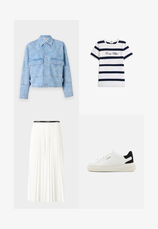 Vaaleansininen farkkutakki, jossa on kukkakuosi, pitkät hihat, kaksi etutaskua ja terävä kaulus. Lyhennetty malli, jossa näkyvät saumat.; Puuvillainen t-paita, jossa on vaakasuoria tummansinisiä raitoja valkoisella taustalla. "Tommy Hilfiger" brodeerattu kursiivilla rintamuksessa. Pyöreä kaula-aukko.; Hame valkoinen pliseerattu hame mustalla joustavalla vyötäröhihnalla, jossa on "LACOSTE"-logo. Puolipitkä malli pehmeällä tekstuurilla.; Valkoiset nahkakengät paksulla valkoisella pohjalla, mustalla mokkanahkaosuudella kannassa ja kohokuvioitu logo sivulla. Nauhakeskitys kuudella reiällä.