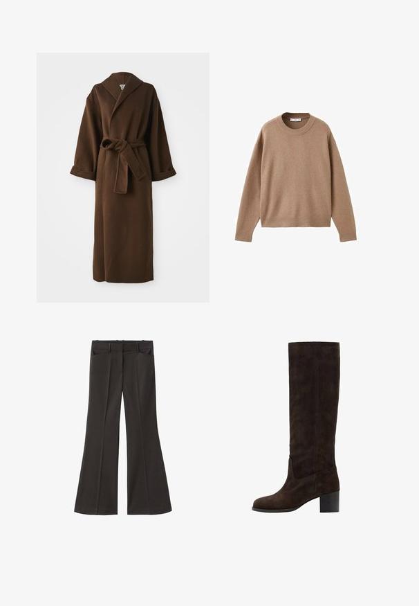 Brun, lang uldfrakke med sjalskrave, vide ærmer og en bundet bælte i taljen. Glat tekstur og minimal detaljering.; Blød beige langærmet crewneck sweater med ribbede manchetter, kant og krave, præsenteret fladt på en hvid baggrund.; Sorte flagrende bukser med høj talje; har to forlommer og en glat stofstruktur. Egnet til forskellige anledninger.; Brune ruskind knæhøj støvle med firkantet tå og blokhæl. Glat tekstur og minimal syning detalje på ydersiden.