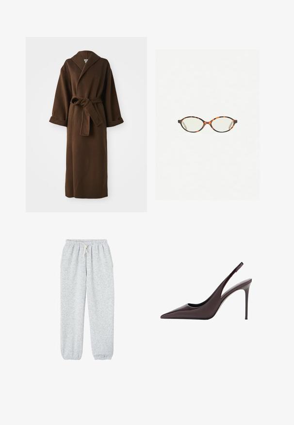 Brun, lang uldfrakke med sjalskrave, vide ærmer og en bundet bælte i taljen. Glat tekstur og minimal detaljering.; Brun, fuzzy sweater med rund hals og lange ærmer. Fremstillet af et blødt materiale, har den en afslappet pasform og et minimalistisk design.; Grå sweatpants lavet af blødt stof, med en elastisk talje med snor og elastiske manchetter ved anklerne.; Burgunderfarvet patentlæder slingback-pumpe med høje hæle, spids tå og slank stiletto-hæl. Glat tekstur og minimalistisk design.; Skildpaddebriller med ovale linser og en elegant, glat finish. Har tynde sider med en subtil kurve ved tindingerne. Klare linser.; Mørkegrå trekantet tørklæde lavet af blødt stof. Har en glat tekstur med let afrundede kanter og en folder i midten.