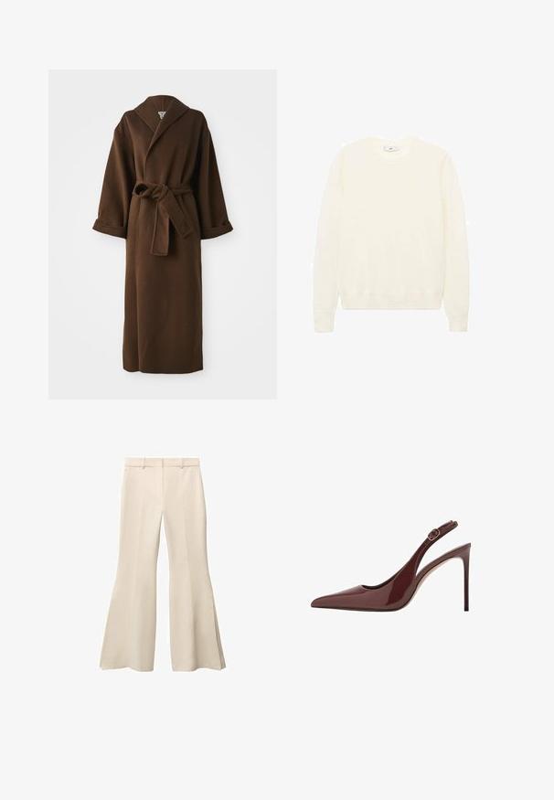 Brun, lang uldfrakke med sjalskrave, vide ærmer og en bundet bælte i taljen. Glat tekstur og minimal detaljering.; Cremefarvet sweater med en klassisk rund halsudskæring, ribstrikkede manchetter og kant, samt en blød tekstur. Letvægtsstof med en glat overflade.; Beige, svajende bukser med en glat tekstur, der har flad front, bæltestropper og dybe sideskydninger ved kanten.; Mørkebrune patentlæder slingback højhælede sko med spids tå, justerbar spænde og slank stiletthæl.