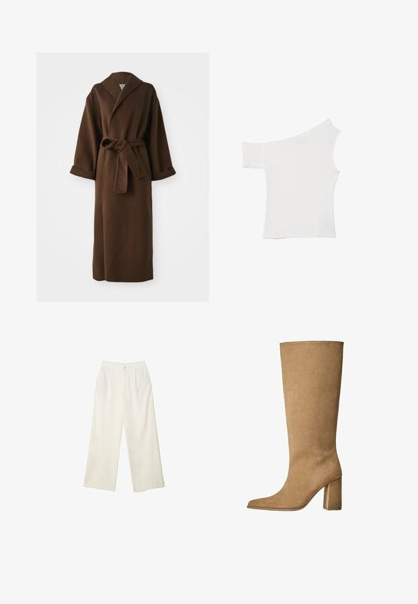 Brun, lang uldfrakke med sjalskrave, vide ærmer og en bundet bælte i taljen. Glat tekstur og minimal detaljering.; Asymmetrisk hvid top lavet af glat stof, med én kort ærme og en off-shoulder design, med et rent, minimalistisk udseende.; Bredde bukser i cremefarvet stof med en glat tekstur, der har en enkelt knap foran, diskrete folder og design med høj talje.; Tan ruskinds knæhøje støvler med blokhæle, der har en spids tå og en glat overflade. Minimalistisk design uden udsmykninger.