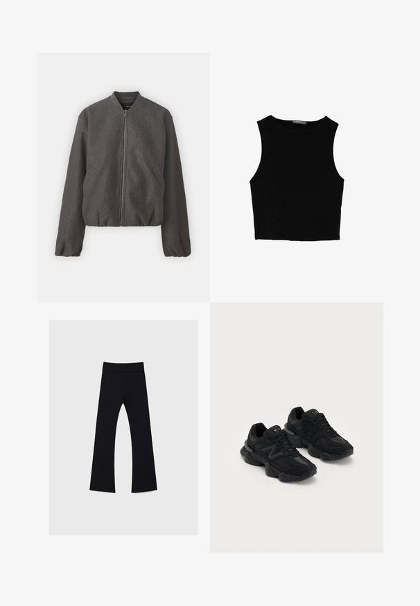 Sivá bombardérka so zipsom vpredu, rebrovaným golierom, elastickými manžetami a dvoma bočnými vreckami. Vyrobená z mäkkej, textúrovanej látky.; Čierny bezrukávový crop top vyrobený z hladkej tkaniny, so zaobleným výstrihom a čistým, jednoduchým dizajnom bez vzorov alebo kovania.; Čierne jogové nohavice s vysokým pásom, vyrobené z elastického materiálu, s rozšíreným strihom nohavíc a hladkou textúrou po celom povrchu.; Čierne športové topánky s textúrovaným zvrškom, s výrazným logom "N", polstrovanou podrážkou a elegantným, moderným siluetom.