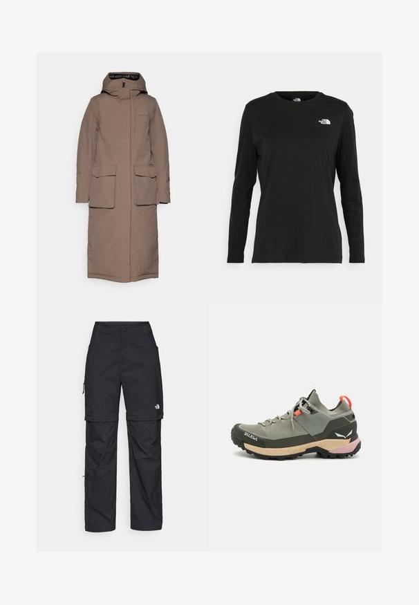 Dlhý hnedý parka s kapucňou, dvoma veľkými prednými vreckami a zipsom. Vyrobený z textúrovaného, vodoodolného materiálu s hladkou podšívkou.; Čierne tričko s dlhým rukávom vyrobené z bavlny s okrúhlym výstrihom. Obsahuje malé biele logo na ľavej strane hrudníka. Jednoduchý dizajn a strih.; Čierne nylonové cargo nohavice s odnímateľnými nohavicami, nastaviteľnými manžetami, viacerými vreckami a logom na pravej nohe. Hladká, ľahká textúra.; Ľahká zelená turistická obuv so sieťovinou a gumovými materiálmi, čiernou trakčnou podrážkou, ružovými a oranžovými akcentami a zosilnenou špičkou.