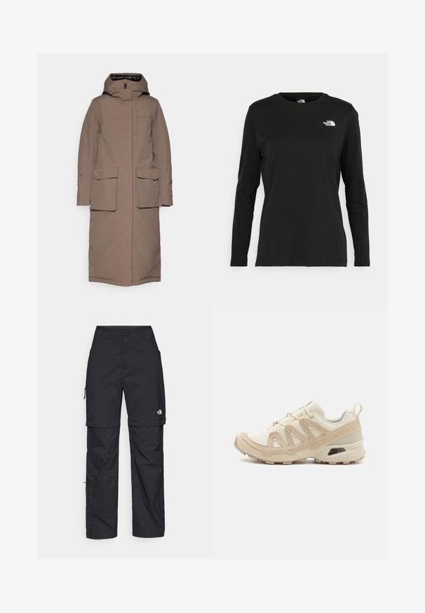 Lang brun parka med hætte, to store frontlommer og lynlås. Fremstillet af et tekstureret, vandafvisende stof med en glat for.; Sort langærmet t-shirt lavet af bomuld med rund hals. Har et lille hvidt logo på venstre brystområde. Enkel design og pasform.; Sorte nylon cargo bukser med lynlås, justerbare manchetter, flere lommer og et logo på højre ben. Glat, let tekstur.; Beige og creme atletiksko med struktureret mesh-overdel, støttende overlays og gummiyderside med et mønster for trækkraft.