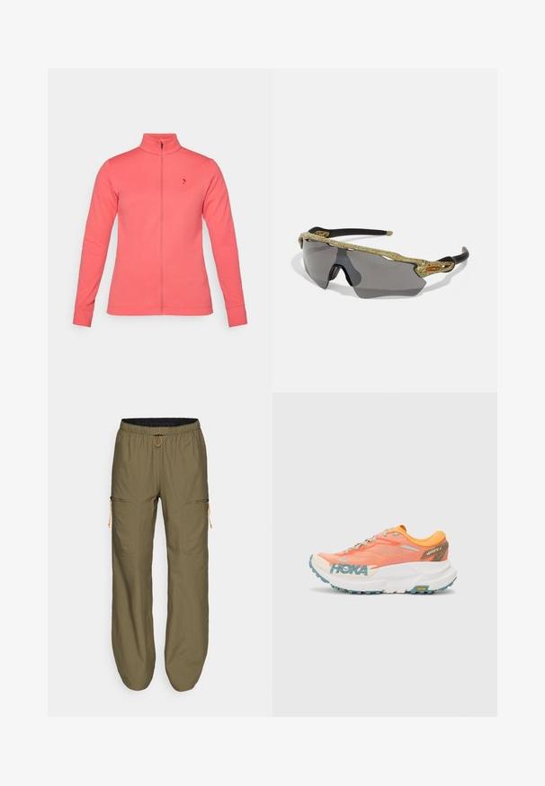 Koraalkleurige zip-up jas met hoge kraag, gemaakt van een zachte stof. Kenmerkt zich door lange mouwen en een klein logo op de linker borst.; Witte lange mouwen top met blauwe horizontale strepen. Heeft een wijde halslijn en een losse fit, gemaakt van zachte stof met een gladde textuur.; Lichte olijfgroene cargobroek met elastische tailleband en oranje trekkoord; heeft ritssluitingen aan de zijkanten en gestikte accenten.; Oranje en roze hardloopschoen met een bovenwerk van mesh, witte tussenzool, Vibram-buitenzool en lichte blauwe accenten. Bevat HOKA-branding aan de zijkant.; Sportzonnebril met een groen gepattereerd frame, zwarte armen en grijze lenzen. Het ontwerp heeft een omsluitende stijl met een gedurfde, sportieve vorm.