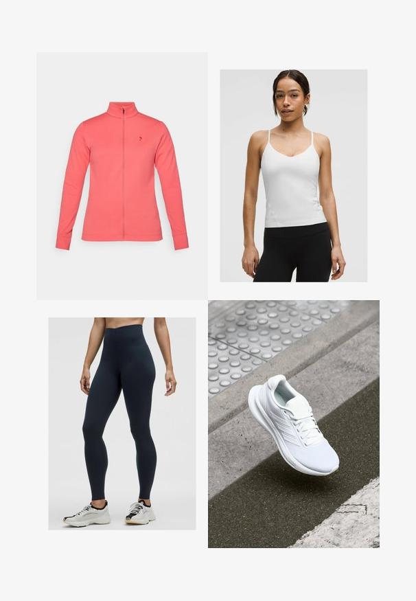 Jachetă fermoar de culoare corai cu guler înalt, confecționată dintr-un material neted. Dispune de mâneci lungi și un logo mic pe partea stângă a pieptului.; Top alb cu bretele subțiri, design în formă de V și siluetă ajustată. Textură netedă, detalii minime, purtat cu colanți negri.; Leggings ergonomice de culoare bleumarin, cu talie înaltă, realizate dintr-un material elastic, cu o textură netedă și un design ajustat. Acestea sunt asociate cu încălțăminte sport albă și neagră.; Pantofii sport albi au un material superior din plasă, design cu șireturi și o talpă texturată. Detalii discrete de branding și o construcție fără cusături sunt vizibile.