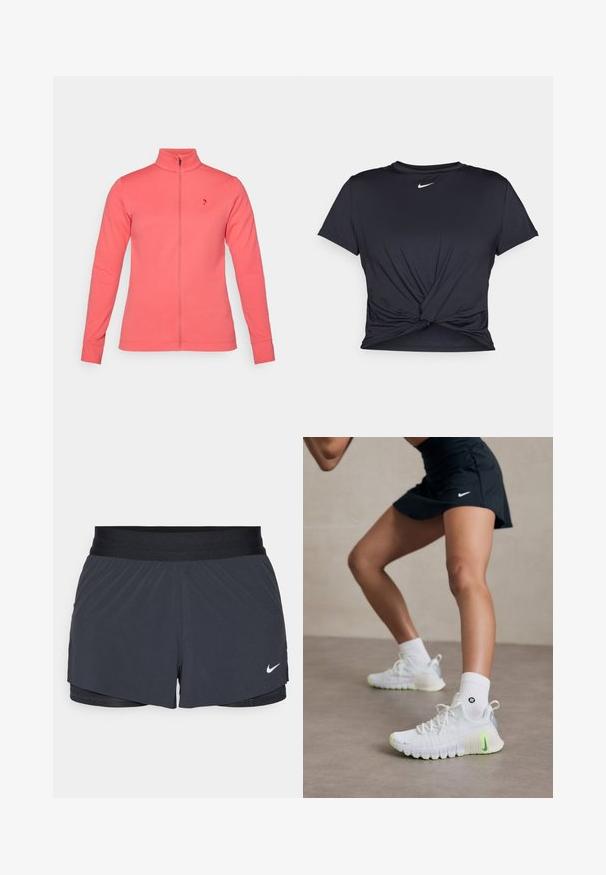 Korall zip-up jakke med høy krage, laget av glatt stoff. Har lange ermer og en liten logo på venstre bryst.; Svart trenings T-skjorte laget av glatt stoff, med en knyttet frontdesign og en liten hvit Nike-logo på brystet.; Sorte treningshorts med elastisk midjebånd, med lagdelt design og liten hvit Nike-logo på nederste venstre side. Lett materiale.; Hvite joggesko med teksturert overflate, neongrønn aksenter og en fremtredende Nike-logo. Brukt med hvite ankelstrømper.
