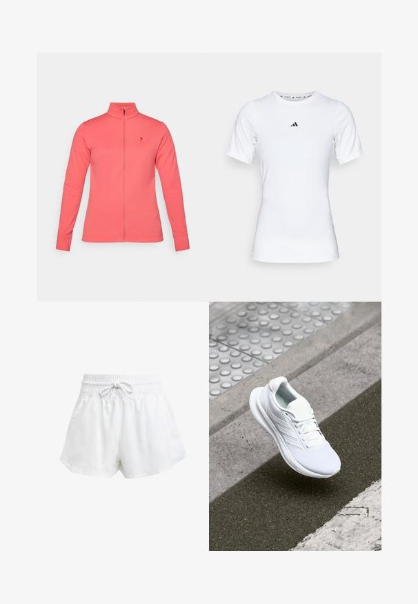 Coral zip-up jacket with a high collar, made of smooth fabric. Features long sleeves and a small logo on the left chest.; White athletic shirt with short sleeves, made of smooth, stretch fabric. Features a small black Adidas logo on the chest.; White athletic shorts with an elastic waistband and adjustable drawstring. Made from lightweight material, featuring side pockets and a loose fit.; White athletic shoe featuring a mesh upper, lace-up design, and textured sole. Subtle branding and seamless construction details visible.