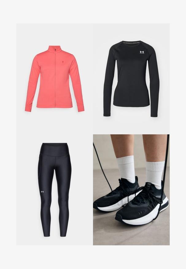 Korallna jakna s patentnim zatvaračem i visokim ovratnikom, izrađena od glatkog materijala. Ima duge rukave i mali logo na lijevoj strani prsnog koša.; Crna termo majica dugih rukava od glatkog materijala, s okruglim izrezom i malim bijelim logotipom na lijevoj strani prsnog koša.; Crne tajice izrađene od glatkog, rastezljivog materijala s visokim strukom. Imaju bijeli logo na lijevom butu i prilagođen dizajn.; Crne atletske cipele s teksturiranim materijalom, bijelim potplatima i crnim vezicama. Nosene s bijelim rebrastim čarapama, stojeći na svijetloj površini.