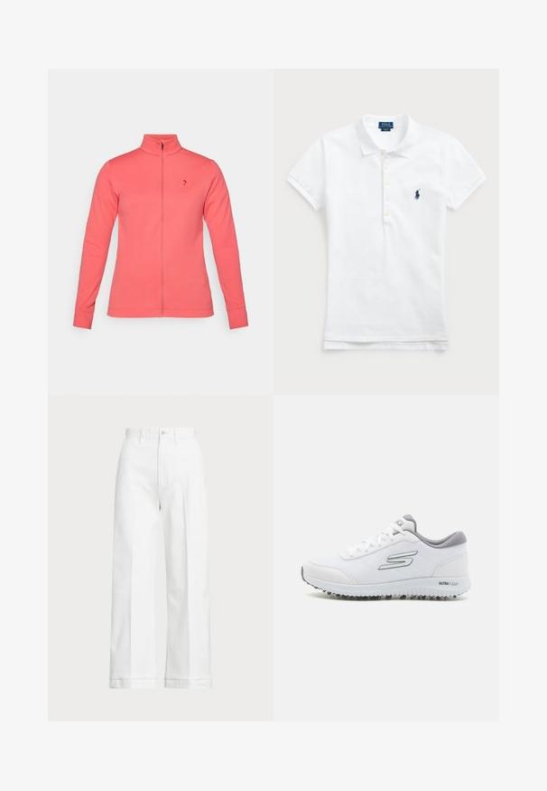 Koral lynlåsjakke med høj krave, lavet af blødt stof. Har lange ærmer og et lille logo på venstre bryst.; Hvid bomulds-polo med klassisk krave, korte ærmer og et marineblåt broderet logo på venstre bryst. Fem-knaps knaplukning.; Hvide bredde bukser med høj talje, der har en knaplukning og subtile syninger. Fremstillet af bomuld med en glat tekstur.; Hvide sportssko med en struktureret mesh-overdel, sølvdetaljer og en let sål med små skridsikre stød, mærket "ULTRA FLIGHT."