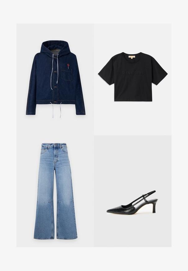 Jeans-Hoodie, dunkelblau, verkürztes Design, mit einer Kapuze mit Kordelzug, vorderer Knopfleiste und einer Brusttasche mit rotem Pinnnadelakzent.; Schwarzes, verkürztes T-Shirt aus Baumwolle. Hat einen runden Halsausschnitt und kurze Ärmel. "MICHAEL KORS" in passender Farbe auf der Vorderseite gestickt.; Helle blaue weit geschnittene Jeans mit high waist, ausgestattet mit frontalen Taschen und Nahtdetails, die vertikal entlang der Beine verlaufen.; Schwarze Lack-Slingback-Pumps mit spitzem Zehenbereich, versehen mit strukturiertem Schlangenprint, verstellbarem Riemen und einem kurzen, strukturierten Blockabsatz.