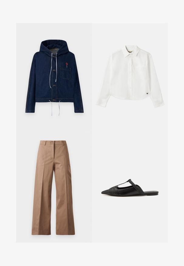 Denim kapuce, tumši zila, īsā dizainā, ar ērtiem pievelkšanas auklām, priekšējiem pogām un krūšu kabatu ar sarkanu piespraudi.; Balta, īsa garuma piedurkņu krekls, kas izgatavots no kokvilnas. Tam ir pogājama priekšpuse, krūšu kabata un mazs melns logo apakšējā kreisajā stūrī.; Brūni platajās kājas bikses, izgatavotas no gludas auduma, ar priekšējo pogu aizdari, divām priekšējām kabatām un tīrām, pielāgotām līnijām.; Melnas ādas slingback kurpes ar norādītu purngali, kurām ir austoša akcenta un krokota augšdaļa. Plakana zole ar minimālu aparatūru.