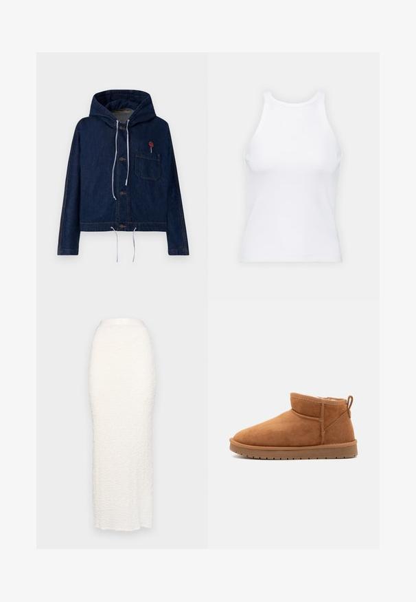 Džínová mikina, tmavě modrá, krátký střih, má stahovací kapuci, přední knoflíky a kapsu na hrudi s červeným pinem jako akcentem.; Bílý bezrukávový top vyrobený z ribbed látky, s kulatým výstřihem a přiléhavým střihem, s minimem švů a bez ozdob.; Gina Tricot STRUCTURE MAXI SKIRT - Maxi sukně - white; Call it Spring JAMIELEE - Zimní obuv - camel