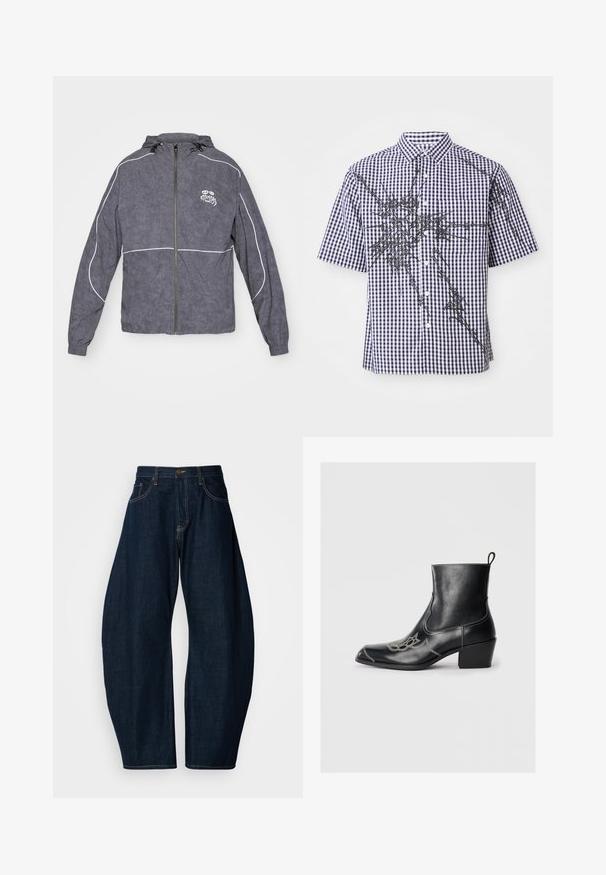 Chaqueta de cortavientos gris con un acabado texturizado, cierre de cremallera, capucha y detalles en blanco; cuenta con un pequeño logo en el pecho.; Camisa de manga corta con botones, con un patrón de cuadro vichy en azul marino y blanco, y líneas gráficas abstractas negras irregulares en la parte delantera y en las mangas.; Vaqueros de mezclilla azul oscuro con un diseño de pierna ancha, que presentan costuras prominentes, cinco bolsillos y un cierre de botón de latón en la cintura.; Botines de cuero negro hasta el tobillo con punta cuadrada, costuras decorativas y un tacón bajo en bloque. Incluyen una lengüeta para facilitar su colocación.