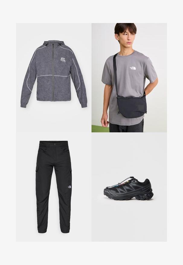 Gray windbreaker jacket with a textured finish, zip closure, hood, and white accent piping; features a small logo on the chest.; Black cotton t-shirt featuring short sleeves and a crew neck. The front displays a small white logo of "The North Face."; The North Face HORIZON PANT - Outdoor trousers - black; Black athletic shoe with a textured mesh upper, reinforced toe, and a quick-lace system. Features a rugged outsole and slight heel elevation.; Black nylon crossbody bag with adjustable strap, featuring a drawstring closure and embossed logo detail. Worn over a gray t-shirt.