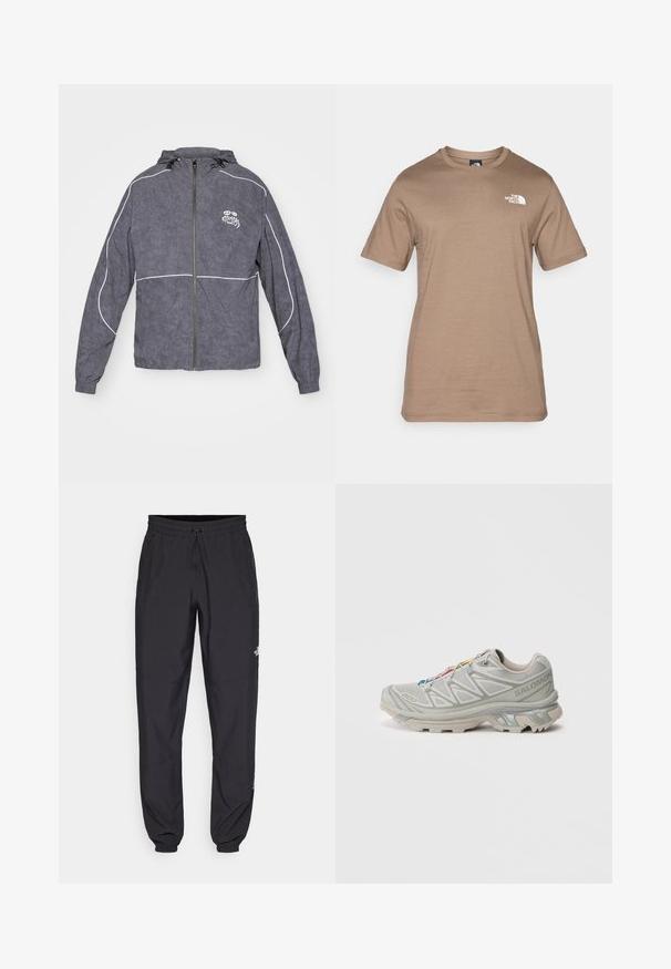 Gray windbreaker jacket with a textured finish, zip closure, hood, and white accent piping; features a small logo on the chest.; Short-sleeve, light brown cotton t-shirt featuring a small white logo on the chest. Classic crew neck, smooth texture, and standard fit.; Black athletic pants made from lightweight fabric, featuring a drawstring waistband, side pockets, and tapered cuffs at the ankles.; Light gray athletic shoe with a textured mesh upper, reflective accents, distinct tread sole, and colorful laces. Features supportive design.