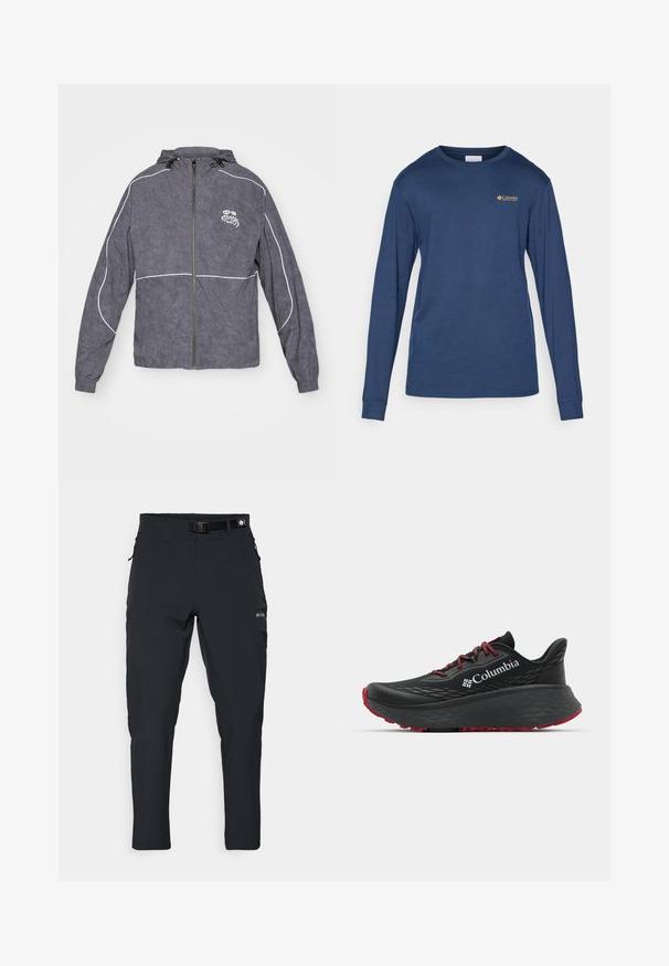 Pilkas vėjui atsparus džemperis su tekstūruotu paviršiumi, su užtrauktuku, kapišonu ir baltais akcentais; turi mažą logotipą ant krūtinės.; Jūrinis ilgomis rankovėmis marškinis, pagamintas iš medvilnės mišinio. Yra apvalus iškirpimas ir mažas siuvinėtas logotipas krūtinėje. Lygus paviršius.; Columbia ESSENTIAL HIKE™ PANT - Lauko kelnės - black; Juodas sportinis batelis su tekstūruota viršutine dalimi, raudonais raišteliais ir logotipu. Storas padas su raštuotu protektoriu traukai. Minimalistinis dizainas, šoninis vaizdas.