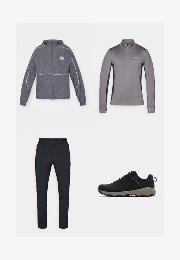 Gray windbreaker jacket with a textured finish, zip closure, hood, and white accent piping; features a small logo on the chest.; Gray long-sleeve pullover with half zip, textured fabric, contrasting black side panels, and small logo on the chest.; Black outdoor trousers with a straight fit, featuring zip pockets, belt loops, and a lightweight, durable fabric texture.; Black hiking shoe with a smooth upper, perforated design, gray outsole, and reinforced heel. Features laces and a pull tab for easy wear.