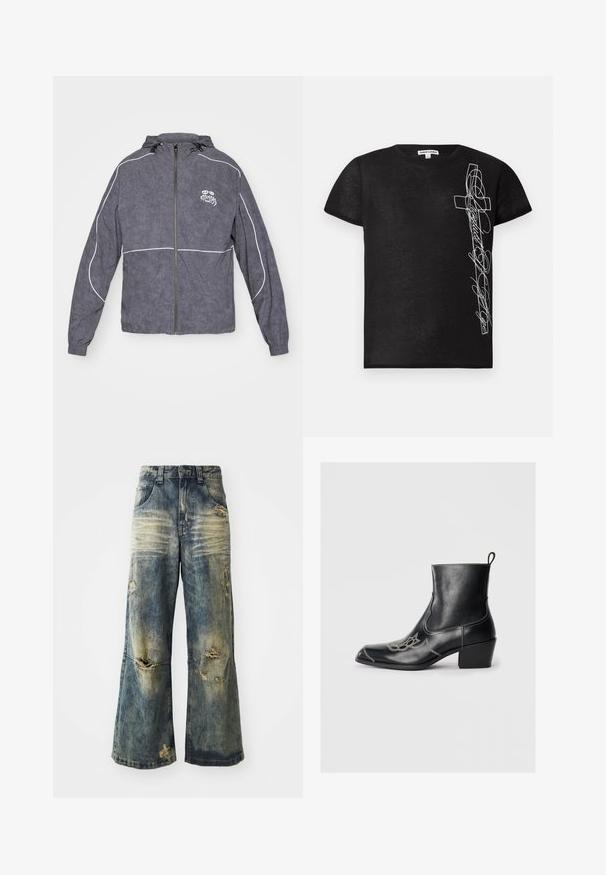 Chaqueta de cortavientos gris con un acabado texturizado, cierre de cremallera, capucha y detalles en blanco; cuenta con un pequeño logo en el pecho.; Camiseta negra de manga corta hecha de tela suave, con un gráfico bordado en blanco de una cruz y texto estilizado en el lado izquierdo.; Vaqueros anchos de tiro alto, en un tono azul desgastado, con rotos y dobladillo deshilachado. Cuenta con un diseño clásico de cinco bolsillos y presillas para cinturón en la cintura.; Botines de cuero negro hasta el tobillo con punta cuadrada, costuras decorativas y un tacón bajo en bloque. Incluyen una lengüeta para facilitar su colocación.
