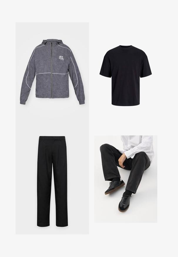 Pelēks vēja pārklājs ar teksturētu apdari, ar rāvējslēdzēja aizdari, kapuci un baltu akcentu apmalēm; uz krūtīm ir neliels logo.; Melns kokvilnas T-krekls ar apaļu kakla izgriezumu, īsām piedurknēm un brīvu piegriezumu. Gluda tekstūra un nav redzamu rakstu vai akcentu.; Melnas bikses, izgatavotas no gludas auduma, ar taisnu kāju dizainu, divām priekšējām krokām un standarta jostu, kurai ir āķi.; Melnas sporta kurpes ar gludu un teksturētu virsu, apgādātas ar gumijas zoli un tumšiem auklām. Saskaņotas ar melniem džinsiem un baltu svītrainu krekls.