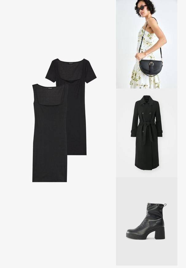 ONLY ONLLUCIE LIFE  - Klasický kabát - black; Černé těsné šaty s čtvercovým výstřihem, krátkými rukávy a žebrovanou texturou. Dvě varianty: světle černá a tmavší černá barva.; Černé kotníkové boty vyrobené z hladké kůže, s bočním zipem, robustním strukturovaným podpatkem a kulatou špičkou.; Černá kožená kabelka s křivkovým tvarem, odnímatelným popruhem a zlatými detaily. Kabelka má klopu s přezkou.