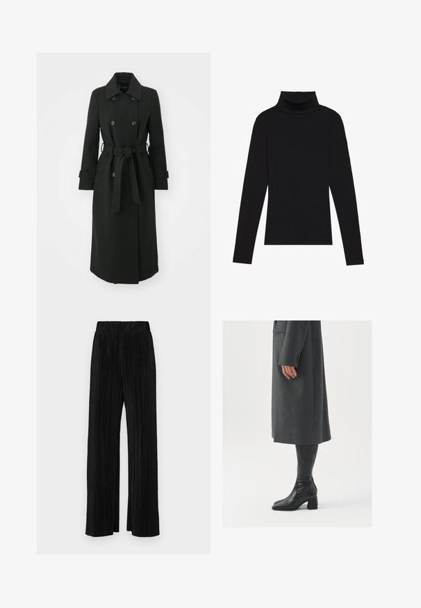 ONLY ONLLUCIE LIFE  - Mantel - black; Zwarte turtleneck met lange mouwen, gemaakt van ribbelstof, heeft een aansluitend ontwerp met een hoge hals en geen patronen of accenten.; Zwarte geplooide broek met een elastische tailleband. Beschikt over wijde pijpen en een glad, gestructureerd stof met verticale strepen.; Grijze, op maat gemaakte overjas met een rechte snit; gecombineerd met kniehoge zwarte leren laarzen met een vierkante neus en chunkyerand.