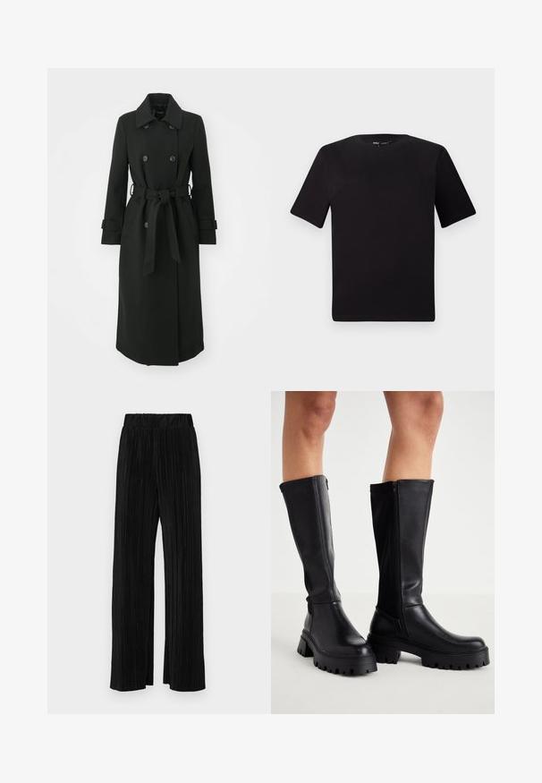ONLY ONLLUCIE LIFE  - Manteau classique - black; T-shirt noir à manches courtes avec un col rond, fabriqué en coton doux. Design simple, sans logos ni motifs visibles.; Pantalons plissés noirs avec une taille élastique. Présente des jambes larges et un tissu lisse texturé avec des rayures verticales.; Cuissardes noires en simili cuir lisse avec une semelle épaisse, fermeture éclair sur le côté et bout arrondi.