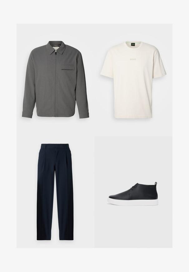 Gray zip-up jacket with a textured fabric. Features a collared neckline and a chest pocket. Long sleeves with cuffed ends.; BOSS TEE - Basic T-shirt - open white; Navy blue trousers with a smooth texture, wide-leg design, front pleats, belt loops, and a zip closure. Suitable for formal or casual wear.; Black leather high-top sneakers with a smooth finish, white rubber sole, and simple lace-up design. Features a pull tab at the back.