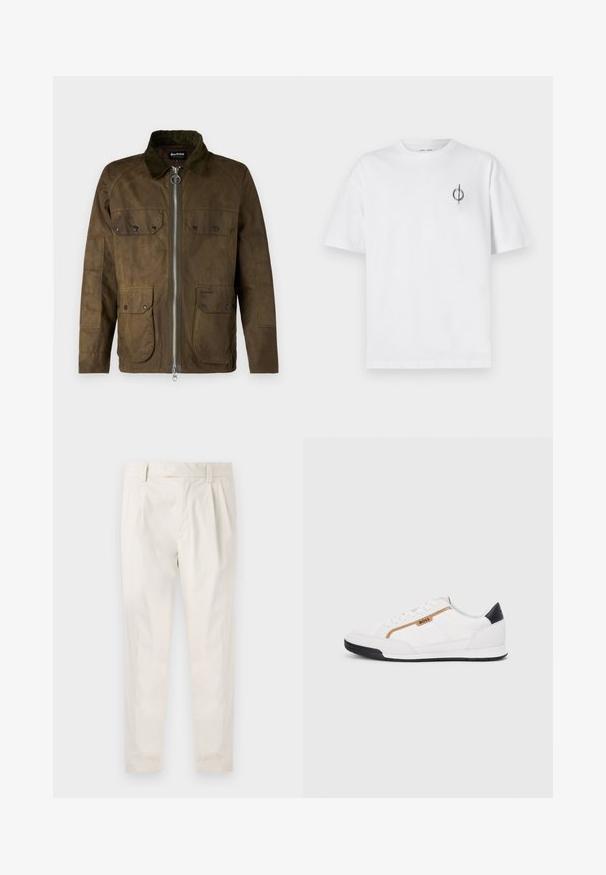 Barbour - Kurtka przejściowa; Biała bawełniana koszulka o luźnym kroju, z małym czarnym graficznym logo na lewej piersi. Krótkie rękawy, klasyczny okrągły dekolt.; Białe, plisowane spodnie o dopasowanym kroju, z gładką fakturą, szlufkami na pasek i zwężanymi nogawkami. Brak widocznych kieszeni lub wzorów.; Białe buty sportowe z siateczkowymi i skórzanymi akcentami. Posiadają złote logo "BOSS", teksturowane boczne panele i czapkę pięty w kolorze czarnym. Gumowa podeszwa.