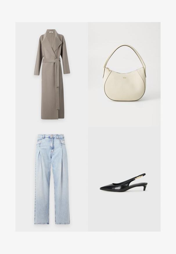Lång, omslagstyp coat i mjuk beige tyg med bred krage och bälte i midjan, med långa ärmar och en slank siluett.; Vit ärmlös polotröja tillverkad av mjukt tyg, med en strukturerad design och en slät textur samt diskreta ribbade kantdetaljer.; Ljust blå denimjeans med hög midja, vida ben, två sidofickor och veckad design. Mjuk textur med en blekt finish.; Svart läder slingback-hälar med spetsig tå, med en smal klack och en guldtonad detalj på den justerbara remmen. Slät textur.; Krämfärgad handväska med texturerad yta, böjd form, kort handtag och detalj i guldton. Dragkedjestängning upptill.