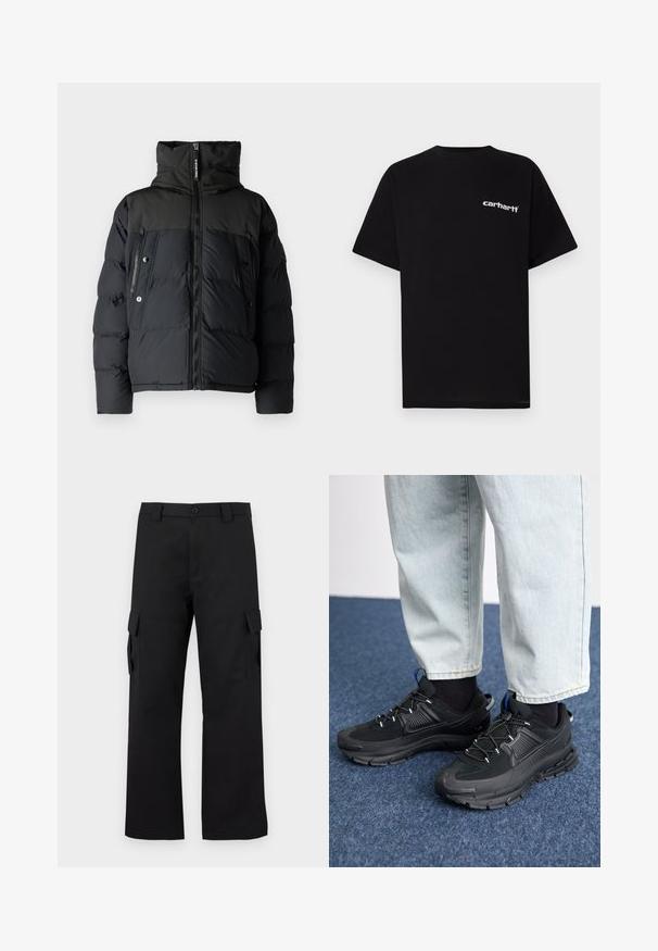 G-STAR EXPEDITION czarny; Czarny bawełniany t-shirt z krótkimi rękawami, okrągłym dekoltem i białym logo „Carhartt” na lewej piersi. Gładka tekstura, minimalistyczny design.; Czarne spodnie cargo o prostym kroju. Wykonane z trwałej tkaniny, posiadają dwie boczne kieszenie z klapkami oraz zapięcie na guzik.; Czarne buty sportowe z teksturowanej tkaniny i gumowymi podeszwami, z elastycznymi sznurówkami i niebieskim akcentem na pięcie. Noszone z jasnymi dżinsami.