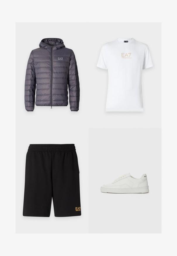 Padded grey jacket with a hood, featuring a full front zipper and horizontal quilted design. EA7 logo is displayed on the chest.; Biała bawełniana koszulka z okrągłym dekoltem i krótkimi rękawami, z nadrukowanym z przodu złotym logo EA7 Emporio Armani.; Czarne sportowe szorty wykonane z miękkiego materiału, z elastycznym paskiem w talii oraz małym, żółtym logo EA7 na dolnej lewej nodze.; Białe skórzane sneakersy o gładkim wykończeniu, okrągłym nosku, płaskich sznurówkach i teksturowanej podeszwie. Charakteryzują się delikatnym logo na pięcie.