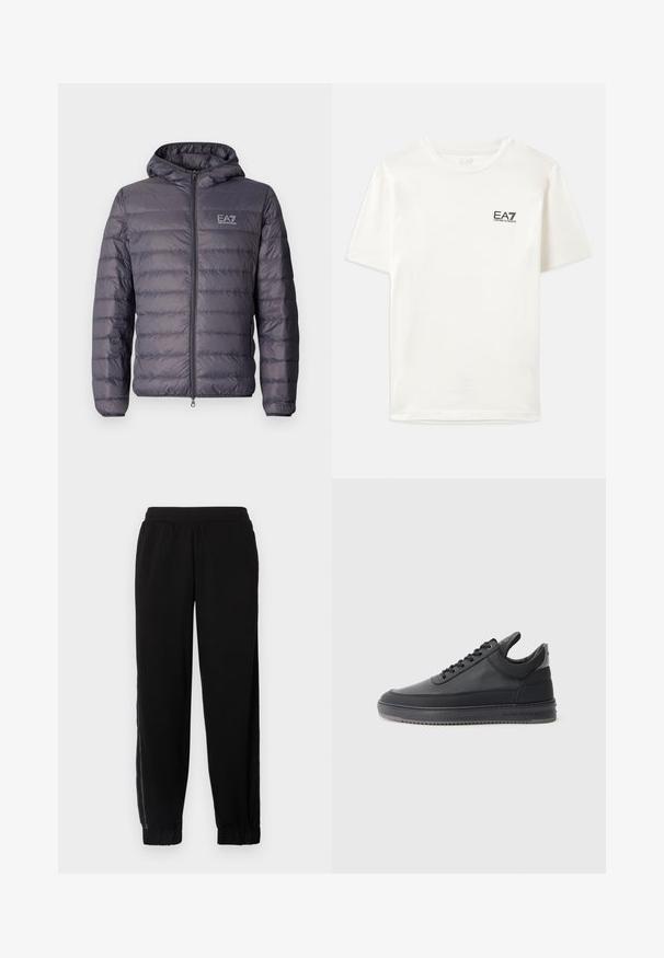 Polstret grå jakke med hette, med full glidelås foran og horisontal quiltet design. EA7-logoen er synlig på brystet.; Hvit bomull t-skjorte med korte ermer, rund hals og en liten svart EA7-logo på venstre bryst. Glatt tekstur, standard passform.; Svarte joggebukser laget av myk tekstil, med elastisk midje, ribbede hem og sidelengs mesh-paneler for ekstra ventilasjon.; svarte lær sneakers med en teksturert overflate, snøring, lav topp, og en grå gummi såle med en ribbet kant.