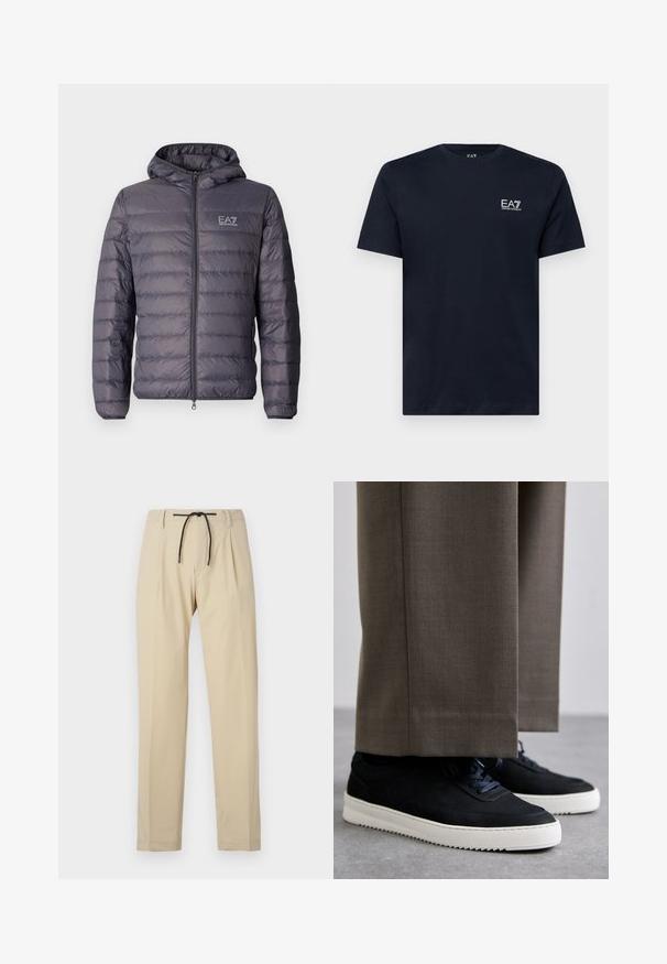 Pūkuota pilka striukė su kapišonu, turinti pilną priekį užtrauktuką ir horizontalią siuvinėjimo liniją. EA7 logotipas yra matomas ant krūtinės.; Tamsiai mėlynas medvilninis marškinėliai su trumpomis rankovėmis, apykakle ir mažu baltu siuvinėtu logotipu kairėje krūtinės pusėje. Lygi tekstūra.; Bežinės kelnės su tiesiomis linijomis, turinčios raištelio juosmenį, klostuotą priekinę dalį ir lygią tekstūrą. Paprastas, universalus dizainas.; Juodi zomšiniai sportbačiai su baltais guminiais padais, su apvalia nosimi ir raišteliais, dėvimi su pilkais pritaikytais kelnais.
