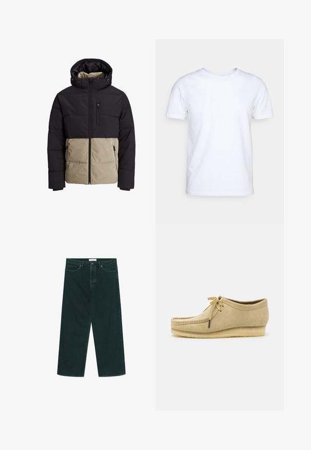 Padded jacket with a black upper section and beige lower section. Features a hood, front zipper, and side pockets. Textured fabric.; White short-sleeve t-shirt in cotton fabric with a round neckline. Simple design with no patterns or accents. Smooth texture.; Dark green wide-leg denim jeans with button and zip closure, front pockets, and belt loops, laid flat on a white background.; Beige suede shoe with a lace-up design, stitched detailing, and a rubber sole. The shape is casual with a slight wedge heel.