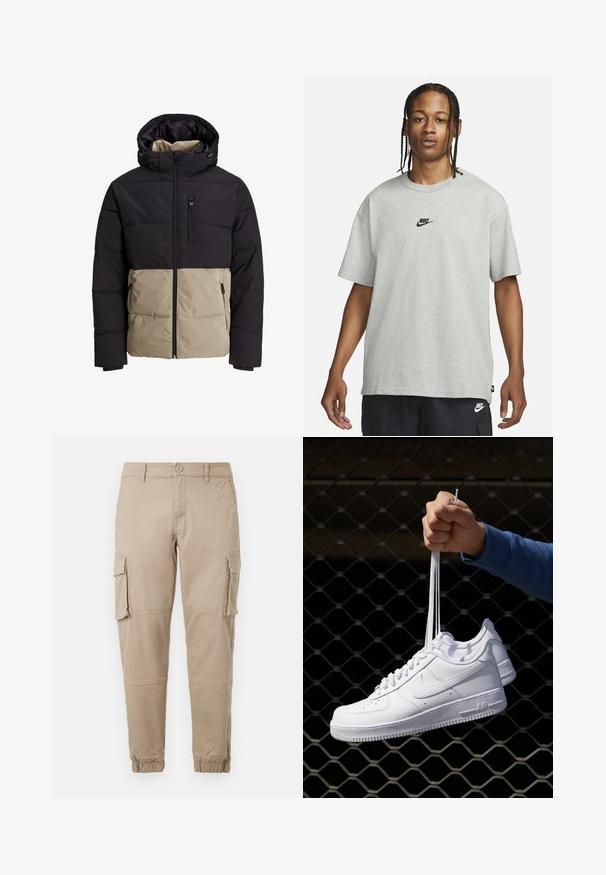 Jachetă căptușită cu o secțiune superioară neagră și o secțiune inferioară bej. Dispune de glugă, fermoar frontal și buzunare laterale. Fabric texturat.; Tânăr cu părul împletit, îmbrăcat cu un tricou Nike gri deschis și pantaloni scurți Nike negri, pe un fundal alb simplu.; Pantaloni cargo bej dintr-un material din bumbac ușor. Au manșete elastice, mai multe buzunare laterale și închidere cu buton.; Adidași albaștri din piele cu perforații, vârf rotund, talpă plată și șireturi groase, cu un logo swoosh vizibil și cu inscripția "AIR" pe toc.