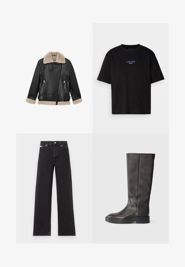 Juodas odinis švarkas su tan vilnos apykakle ir Rankovėmis; turi dvi užtrauktuku uždaromas priekines kišenes ir įstrižą priekio užtrauktuką.; Juodas medvilnės marškinėliai su apykakle, trumpomis rankovėmis ir mėlynai siuvinėtu "Calvin Klein JEANS" logotipu priekyje.; Juodos plačios kojų džinsai, pagaminti iš džinsinio audinio, su aukštu liemeniu, penkių kišenių stiliumi ir metaline sagte su kontrastingo siuvimo detalėmis.; Juodos odinės iki kelių botai su storu padu ir subtiliu Calvin Klein logotipu viršuje, matomi iš šono.