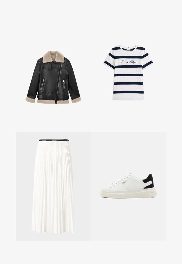 Črna usnjena jakna z rjavim volnenim ovratnikom in manšeti; vsebuje dve zadrgi spredaj in diagonalo zadrgo za zapiranje spredaj.; Bombažna majica s horizontalnimi mornarsko modrimi črtami na belem ozadju. "Tommy Hilfiger" izvezeno v kurzivni pisavi na prsih. Okrugli izrez.; Gubasta bela krila z črnim elastičnim pasom, ki nosi logotip "LACOSTE". Srednje dolga zasnova z mehkobo tkanine.; Bele usnjene športne copate z debelim belim podplatom, črnimi semišnimi detajli na peti in utisnjenim logotipom na strani. Zavezovanje s šestimi luknjicami.