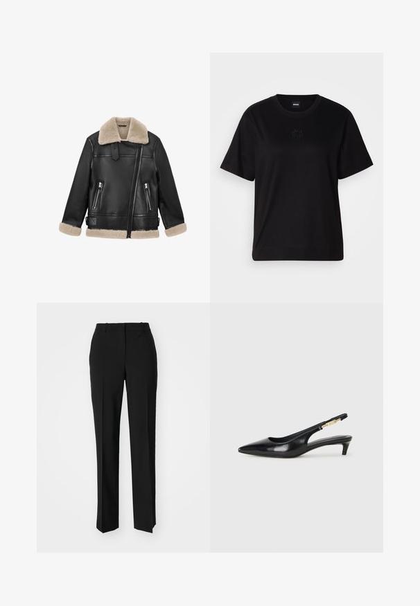 Černá kožená bunda s béžovým vlněným límcem a manžetami; má dvě zipové přední kapsy a šikmý přední zip.; Černé bavlněné tričko s kulatým výstřihem, krátkými rukávy a vyšitým logem na hrudi. Jednoduchý, volný střih bez vzorů.; Černé kalhoty na míru se střihem do rovna, které mají hladkou texturu a ostré sklady na přední straně. Bez viditelného kování.; Černé kožené boty na podpatku s otevřenou patou a špičatou špičkou, s tenkým podpatkem a zlatým akcentem na nastavitelném pásku. Hladký povrch.