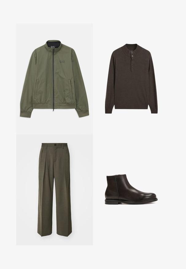 Oliwkowy bombowiec z wysokim kołnierzem, z zamek błyskawicznym, elastycznymi mankietami, bocznymi kieszeniami oraz małym czarnym logo na piersi.; Brązowy sweter z długim rękawem i wysokim kołnierzem, z trzema guzikami. Wykonany z miękkiego materiału, charakteryzuje się gładką teksturą i ściągaczami przy mankietach.; Filippa K - Spodnie materiałowe; Czarne skórzane botki za kostkę o gładkiej fakturze, zaokrąglonym nosku i niskim obcasie. Posiadają boczny zamek błyskawiczny ułatwiający zakładanie.