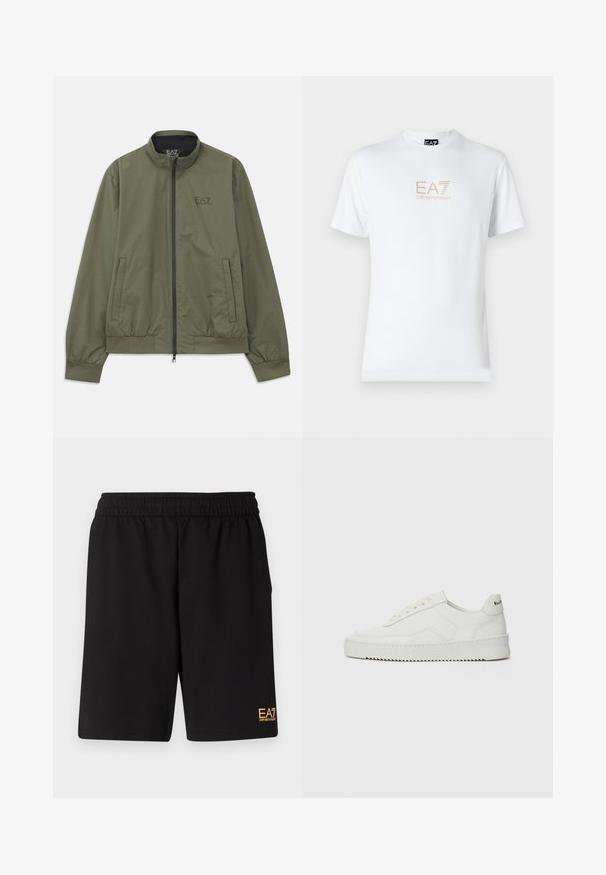Zelena bomber jakna z lažno ovratnikom, zadrgo, elastičnimi manšetami, stranskimi žepi in majhnim črnim logotipom na prsih.; Bela bombažna majica s krožnim izrezom in kratkimi rokavi, s pozlačenim logotipom EA7 Emporio Armani natisnjenim spredaj.; Črne športne kratke hlače iz mehkega blaga, z elastičnim pasom in majhnim rumenim logotipom EA7 na spodnjem levem delu noge.; Bela usnjena športna obutev z gladko površino, okroglo prst, ravne vezalke in teksturiran podplat. Ima diskretno logo na peti.