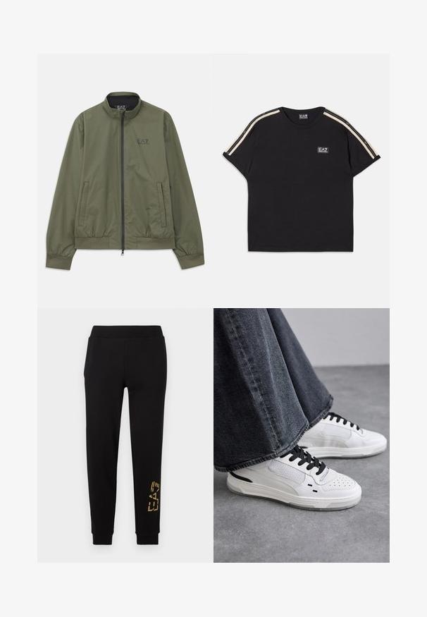 Olivengrønn bomberjakke med høy krage, glidelås, elastiske mansjetter, sidelommer og en liten svart logo på brystet.; Svart bomull t-skjorte med korte ermer. Har kontrasterende brune striper på skuldrene og en liten merket logo på brystet.; Svarte joggebukser med avslappet passform, med et gullfarget grafisk design på den nedre delen av benet og elastisk midjebånd for komfort.; Hvite sneakers med svarte lisser og mesh-detaljer. Har en glatt læroverdel og en teksturert gummisåle. Kombinert med vide gråjeans.