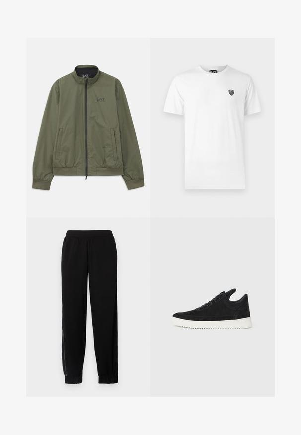 Oliivroheline pommikot, millel on vale krae, lukuga sulgemine, elastsed varrukad, külgpockets ja väike must logo rinnal.; Valge puuvillane T-särk lühikeste varrukatega, millel on vasakul rinnal väike must logo. Klassikaline ümara kaelusega disain.; Mustadest pehmeast kangast jooksupüksid, mis on varustatud elastse vöökoha, mansettidega hemidega ja külgmiste võrgupaneelidega parema ventilatsiooni tagamiseks.; Must mustel kingad valge kummist tallaga, millel on toon-toonis õmblused ja paeltega disain. Sile tekstuur ja moodne, voolujooneline kuju.