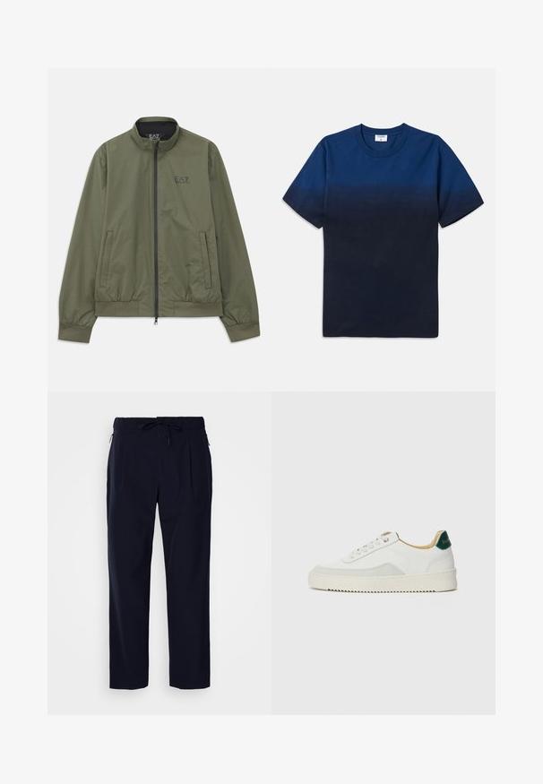 Olivovozelená bomber bunda s mock golierom, zipsovým uzáverom, elastickými manžetami, bočnými vreckami a malým čiernym logom na hrudi.; Námornícky modré bavlnené tričko s okrúhlym výstrihom, krátkymi rukávmi a jemným gradientovým dizajnom, ktorý prechádza z svetlejších odtieňov do tmavších.; J.LINDEBERG JIN PLEATED - Nohavice - navy; Biele tenisky s semišovými akcentmi, zaoblenou špičkou, plochými šnúrkami a krémovou gumovou podrážkou. Na päte sú zelené značky.