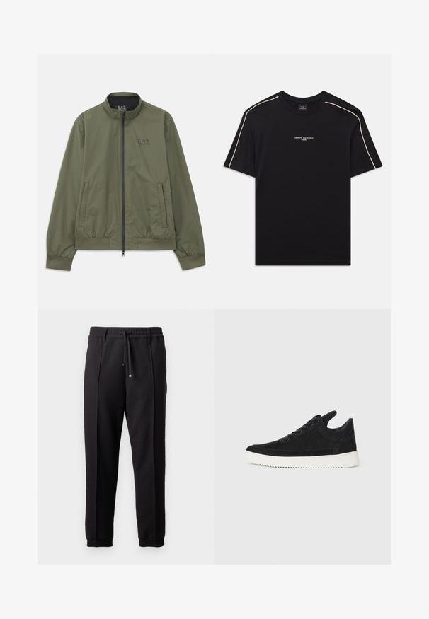 Oliven grøn bomberjakke med en høj krave, lynlås lukning, elastiske manchetter, sidelommer og et lille sort logo på brystet.; Sort bomulds t-shirt med korte ærmer, rund hals, beige kontrastsyninger på skuldrene og ARMANI EXCHANGE-logoen i midten.; Sorte bukser med elastisk talje, snørelukning og elastiske manchetter. Har folder og et glat, tekstureret stof.; Sort ruskinds sneaker med en hvid gummisål, der har tonalt syet detalje og snørredesign. Glat tekstur med en moderne, strømlinet form.